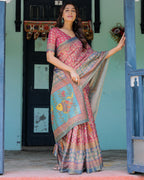 Rosewood Red Handloom Cotton Saree with Artistic Fish Pallu & Floral Vine Print