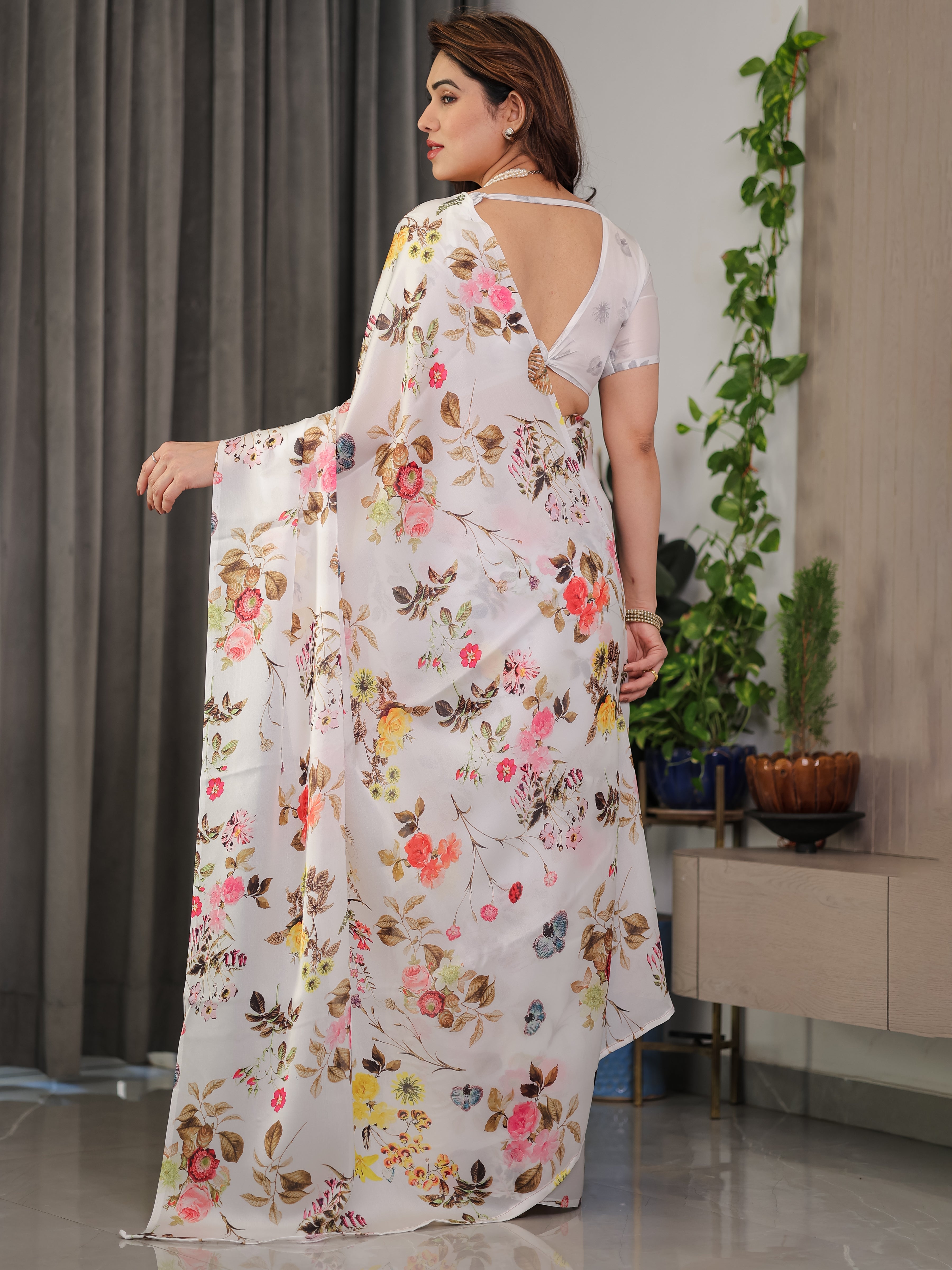 Ivory White Satin Georgette Floral Printed Saree with Multicolor Botanical Design & Attached Blouse – Soft Elegant Designer Drape