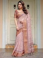 Dusty Peach & Copper Zari Woven Saree with Pastel Motifs & Tassels – Elegant Festive Traditional Wear
