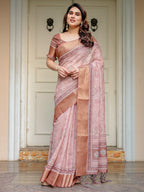 Dusty Peach & Copper Zari Woven Saree with Pastel Motifs & Tassels – Elegant Festive Traditional Wear