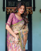 Ivory & Violet Handloom Cotton Saree with Royal Procession & Tree of Life Pallu