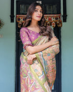 Ivory & Violet Handloom Cotton Saree with Royal Procession & Tree of Life Pallu