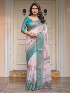 Pastel Lavender Floral Printed Saree with Teal Green Zari Border & Tassels – Elegant Festive Ethnic Wear