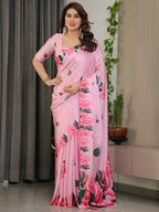 Baby Pink Satin Georgette Rose Floral Printed Saree with Attached Blouse – Elegant Soft-Flow Designer Saree
