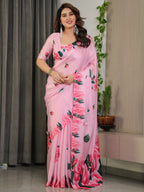 Baby Pink Satin Georgette Rose Floral Printed Saree with Attached Blouse – Elegant Soft-Flow Designer Saree