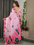 Baby Pink Satin Georgette Rose Floral Printed Saree with Attached Blouse – Elegant Soft-Flow Designer Saree