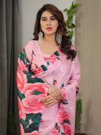 Baby Pink Satin Georgette Rose Floral Printed Saree with Attached Blouse – Elegant Soft-Flow Designer Saree