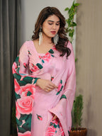 Baby Pink Satin Georgette Rose Floral Printed Saree with Attached Blouse – Elegant Soft-Flow Designer Saree