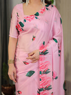 Baby Pink Satin Georgette Rose Floral Printed Saree with Attached Blouse – Elegant Soft-Flow Designer Saree