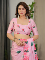 Baby Pink Satin Georgette Rose Floral Printed Saree with Attached Blouse – Elegant Soft-Flow Designer Saree