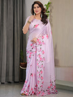 Blush Pink Satin Georgette Floral Printed Saree with Attached Blouse – Soft Cherry Blossom Designer Drape
