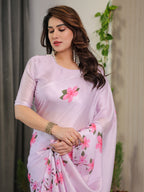 Blush Pink Satin Georgette Floral Printed Saree with Attached Blouse – Soft Cherry Blossom Designer Drape