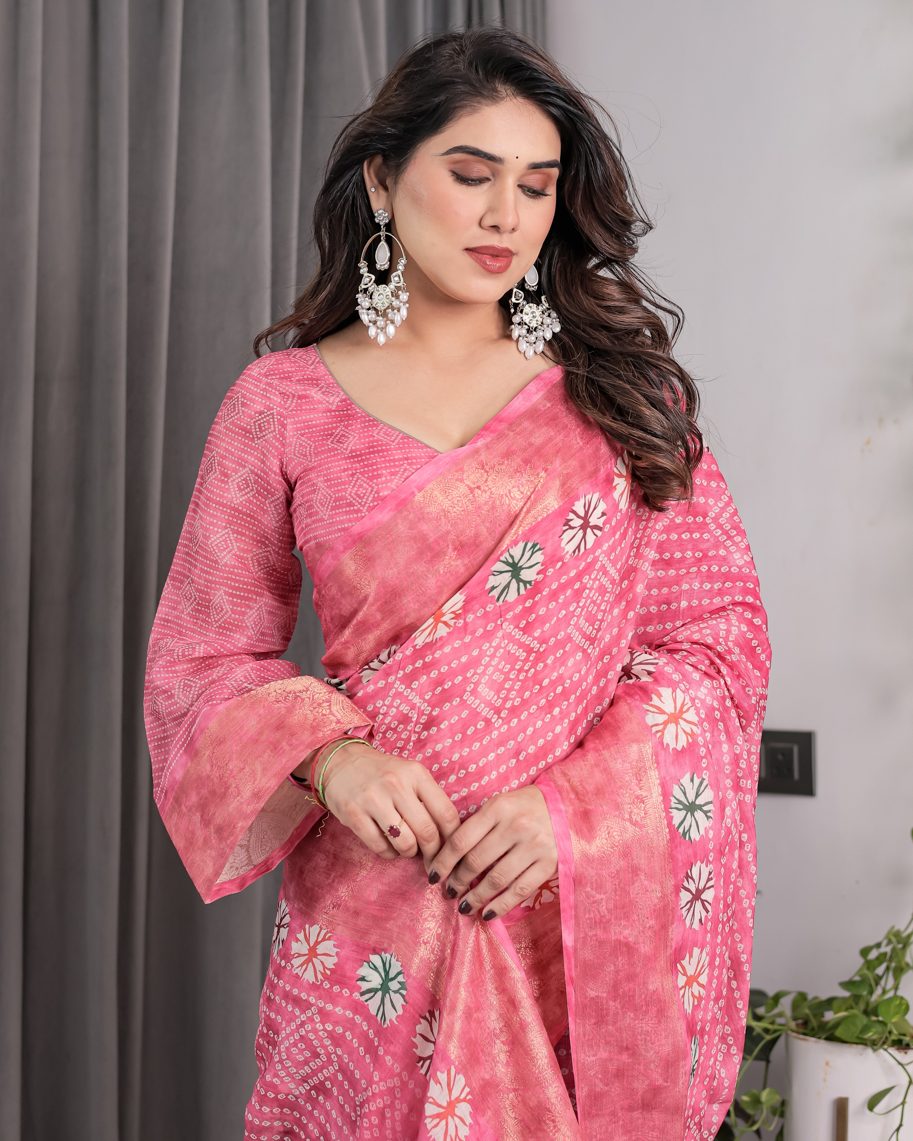 Rose Pink Bandhani-Inspired Handloom Linen Saree with White Floral Dots & Zari Border | 5.5m Saree + 0.8m Attached Blouse with Tassels