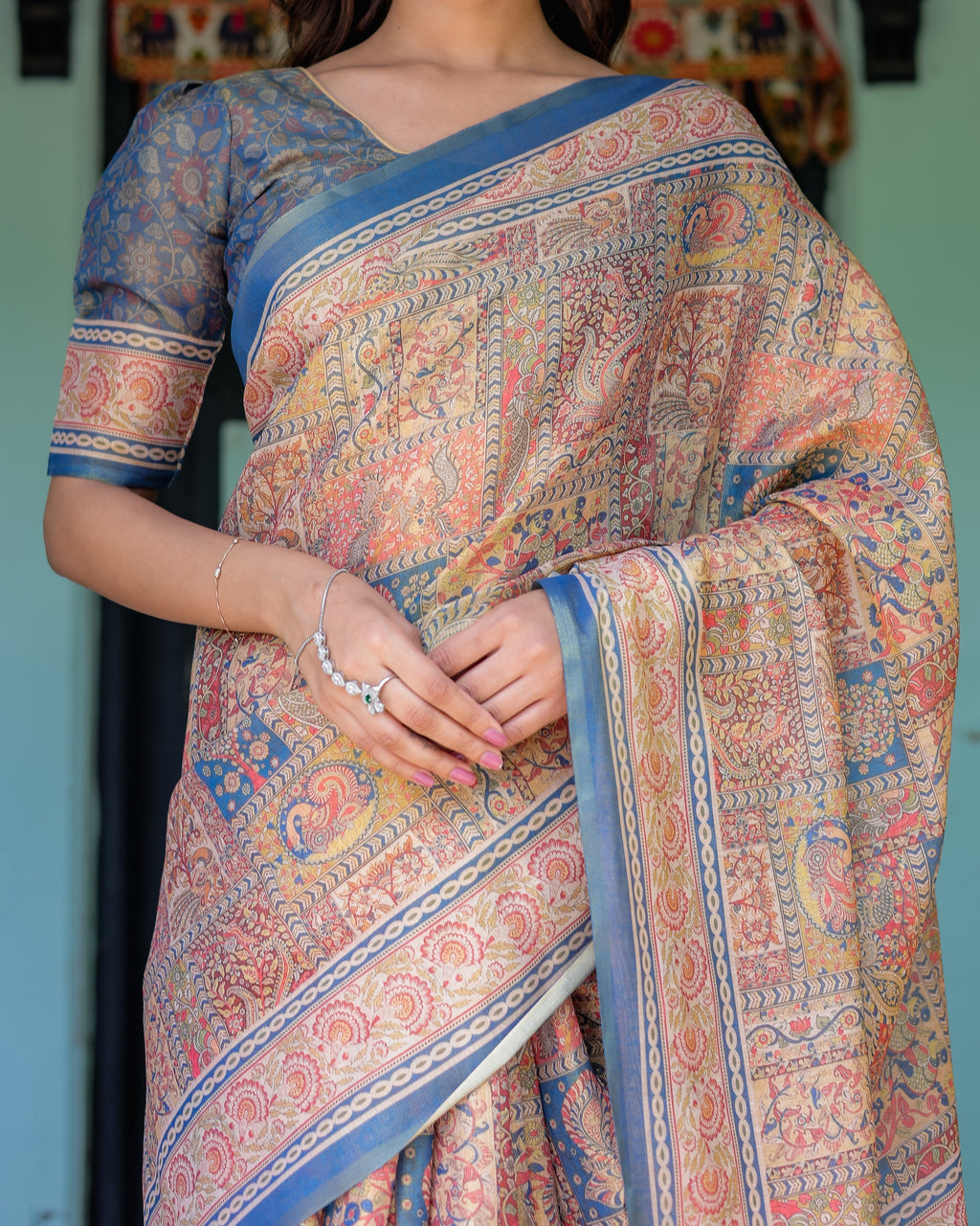 Rust & Blue Handloom Cotton Saree with Classical Dancer Motif and Patchwork Digital Print