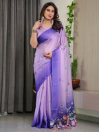 Lavender & Royal Purple Ombre Satin Georgette Floral Printed Saree with Attached Blouse – Soft Pastel Bloom Designer Drape
