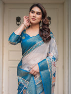 Teal Blue Handloom Cotton Printed Saree with Ethnic Panel Pallu, Woven Border & Tassels – Traditional Festive Wear