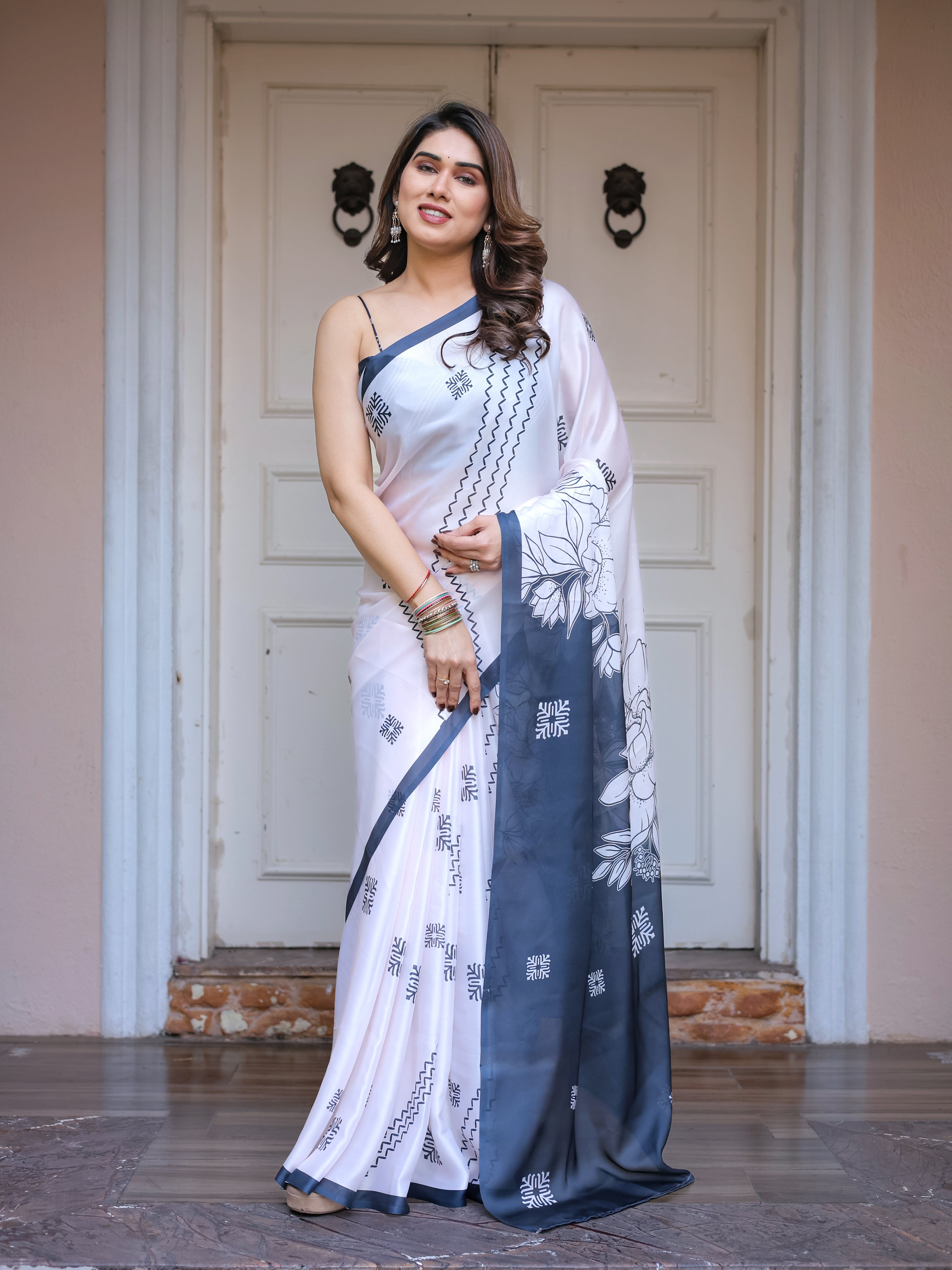 Grey & Ivory Floral Printed Satin Georgette Saree with Matching Blouse – Elegant Contemporary Party Wear