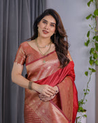 Classic Red Pure Kanjivaram Silk Saree with Rich Golden Zari Weaving & Matching Blouse – 5.5m Saree + 0.8m Blouse Piece