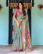 Aqua Green & Lilac Handloom Cotton Saree with Floral Vine Print & Majestic Bird Pallu