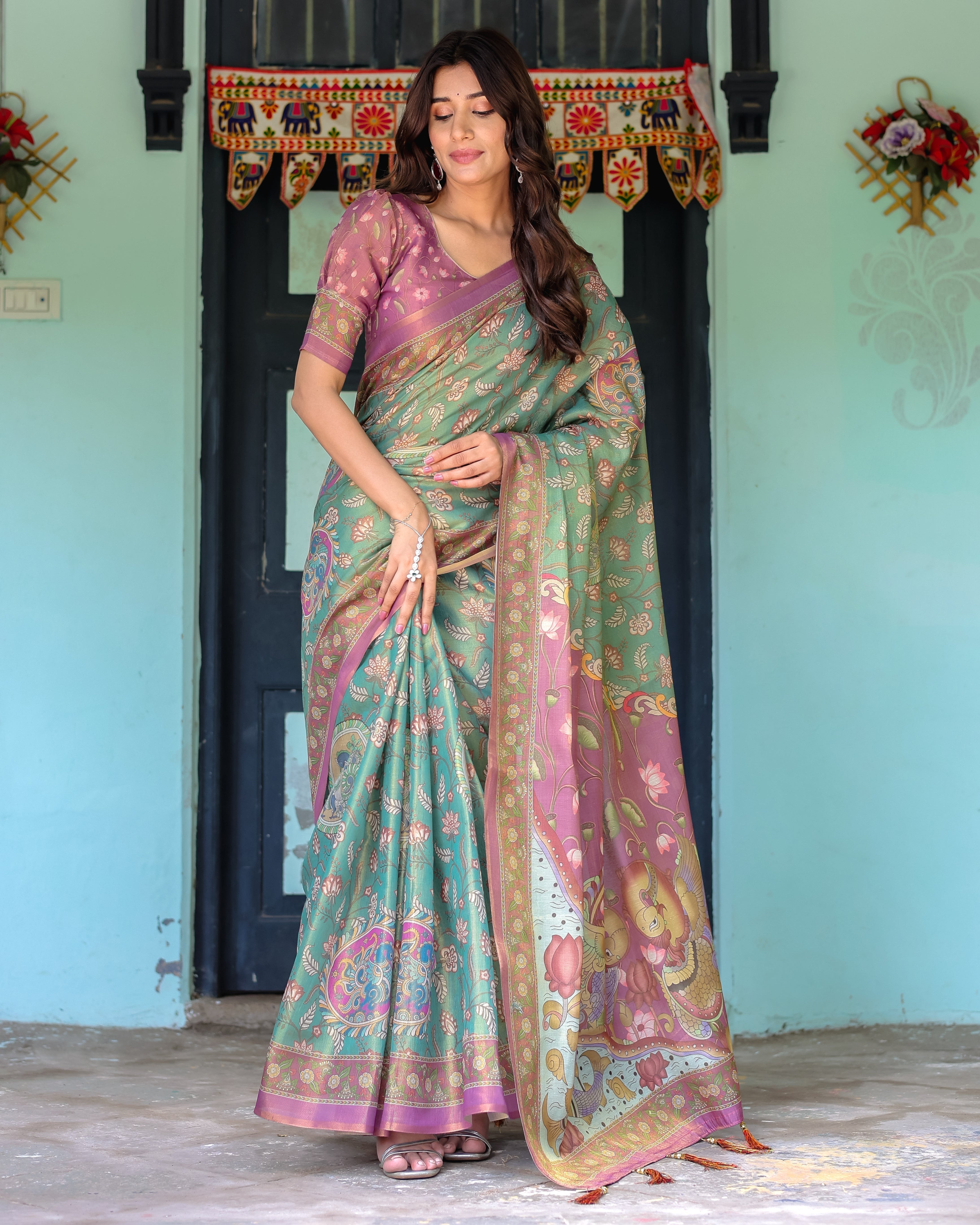 Aqua Green & Lilac Handloom Cotton Saree with Floral Vine Print & Majestic Bird Pallu