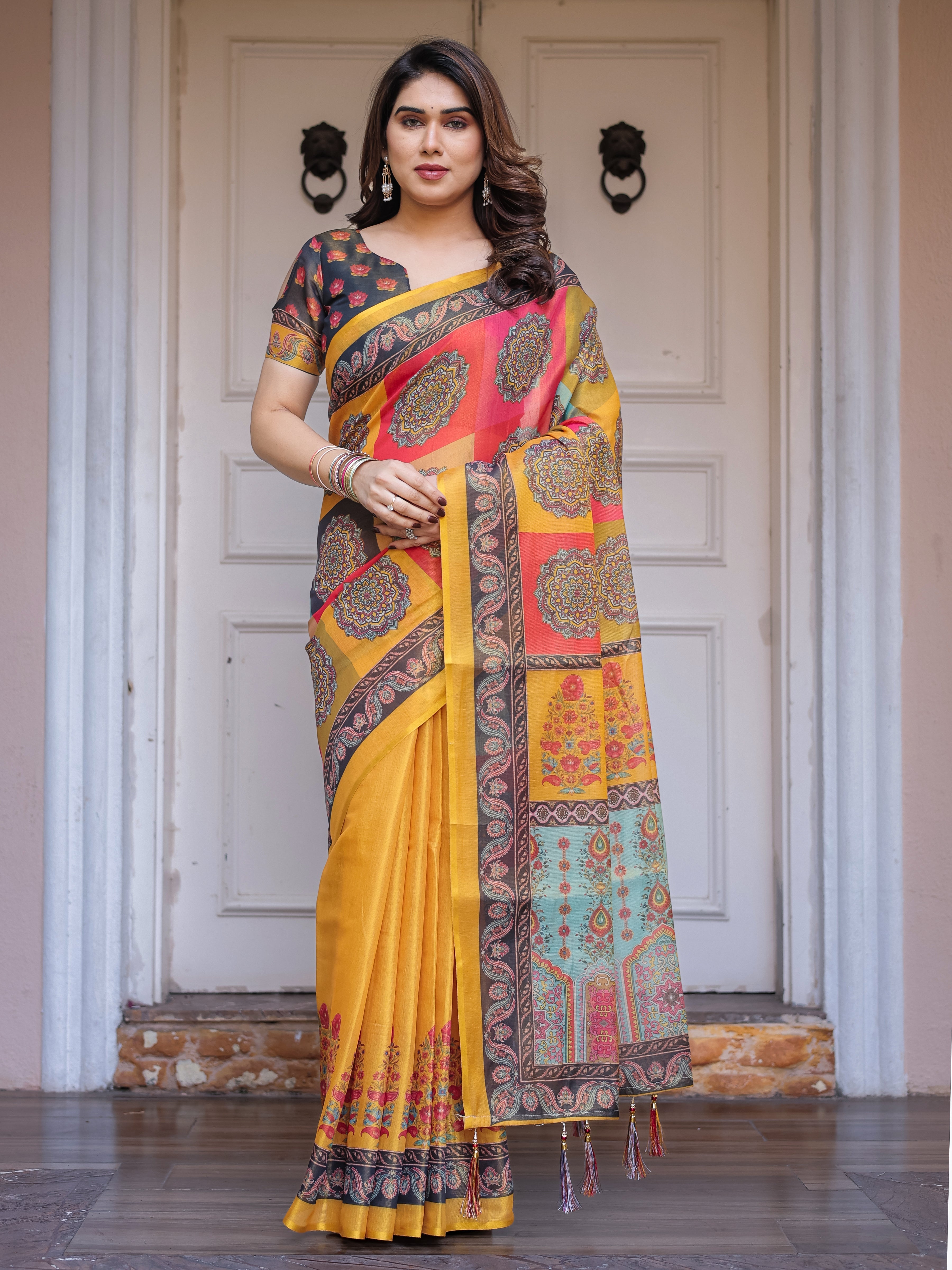 Mustard Yellow Multicolor Panel Printed Handloom Cotton Saree with Mandala Pallu, Ornamental Border & Tassels – Traditional Festive Wear