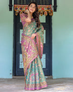 Aqua Green & Lilac Handloom Cotton Saree with Floral Vine Print & Majestic Bird Pallu