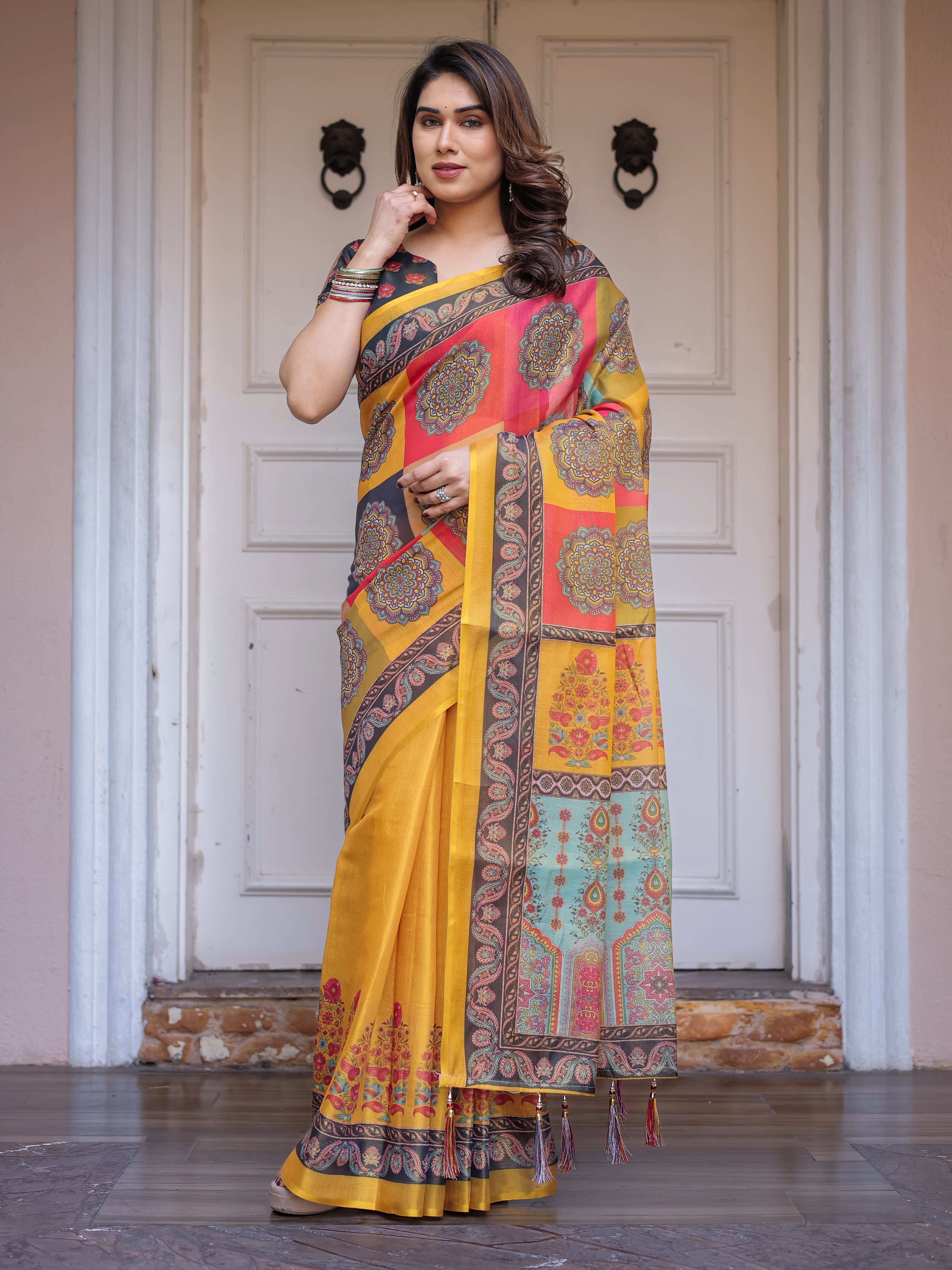 Mustard Yellow Multicolor Panel Printed Handloom Cotton Saree with Mandala Pallu, Ornamental Border & Tassels – Traditional Festive Wear