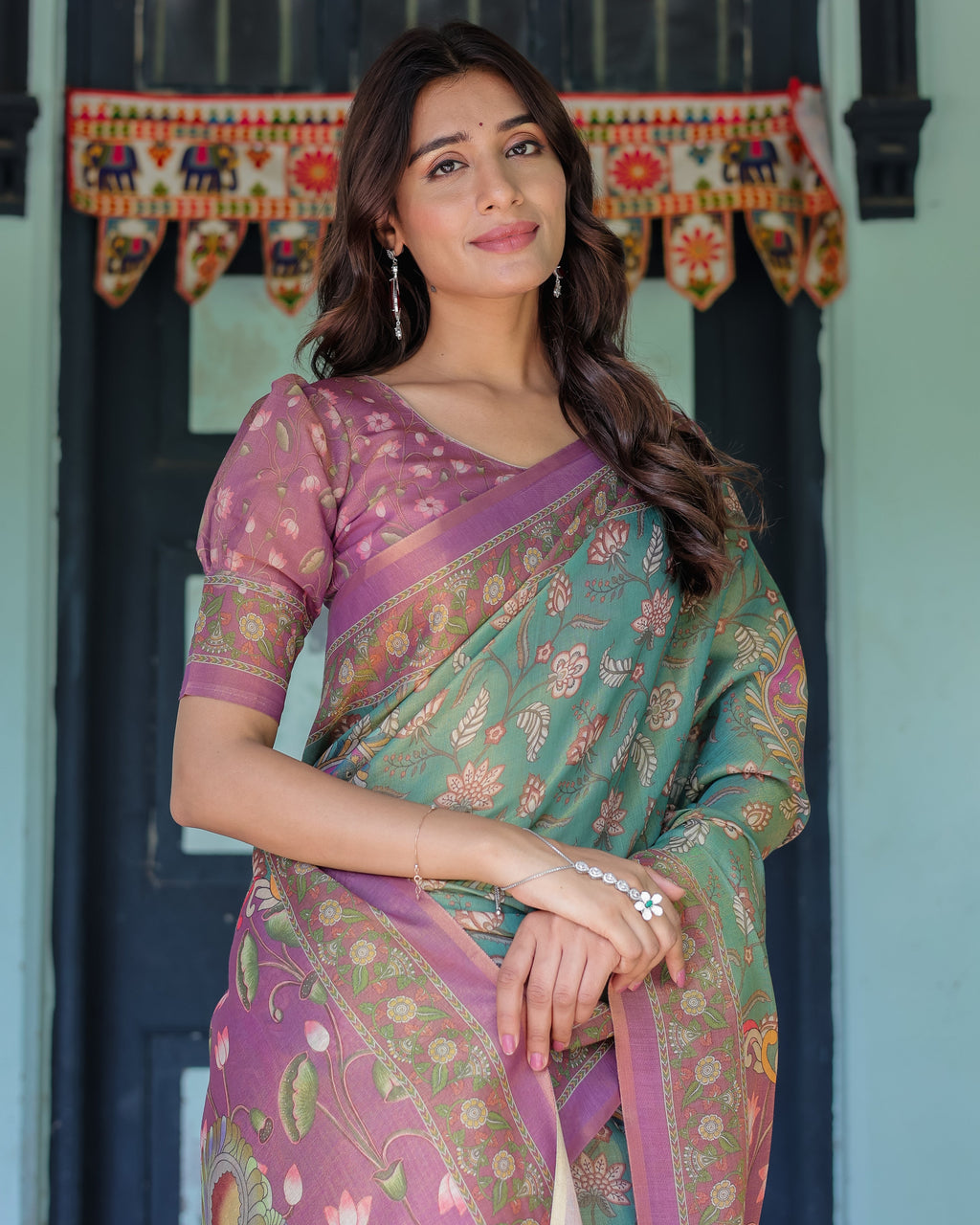 Aqua Green & Lilac Handloom Cotton Saree with Floral Vine Print & Majestic Bird Pallu