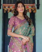 Aqua Green & Lilac Handloom Cotton Saree with Floral Vine Print & Majestic Bird Pallu