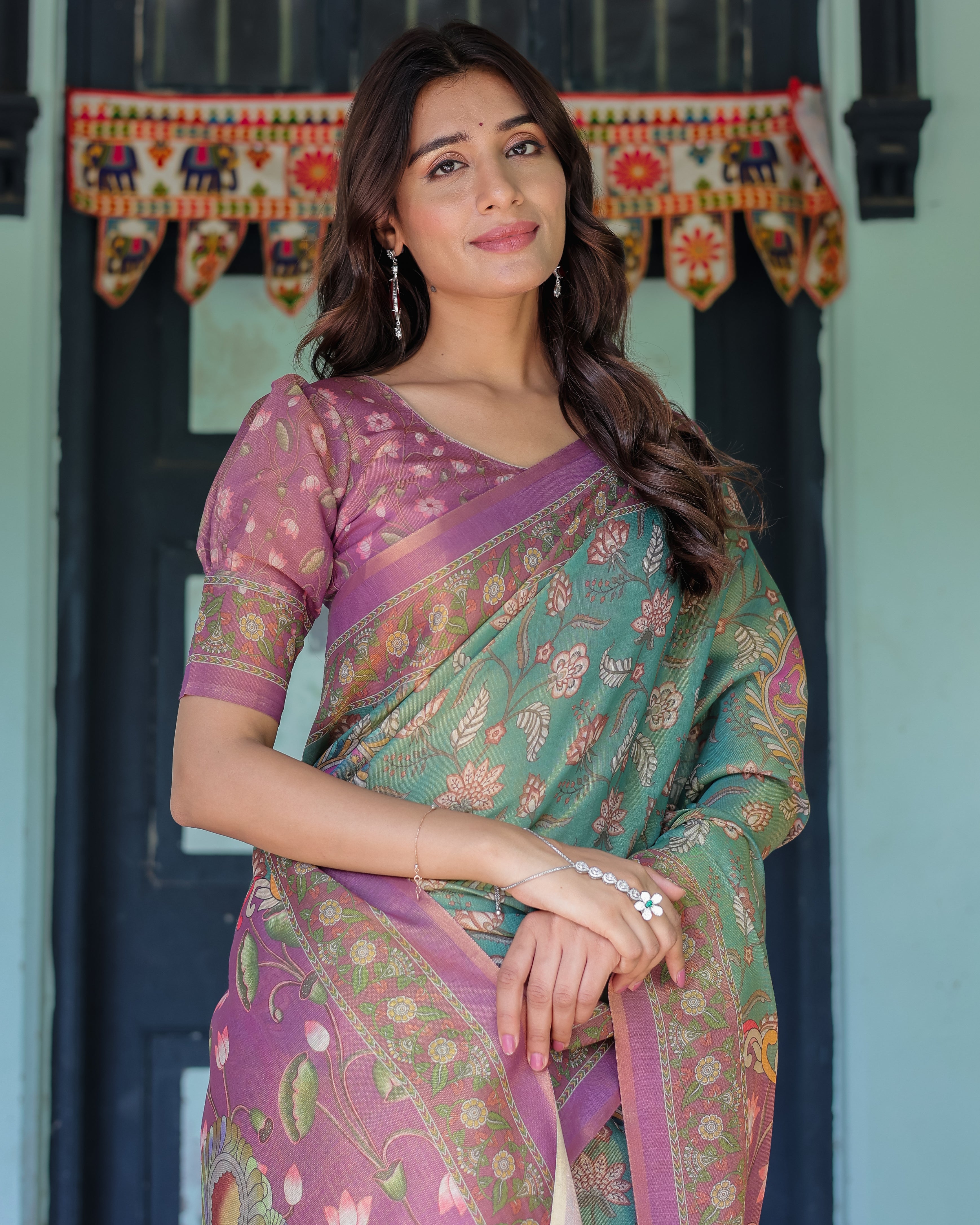 Aqua Green & Lilac Handloom Cotton Saree with Floral Vine Print & Majestic Bird Pallu