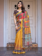 Mustard Yellow Multicolor Panel Printed Handloom Cotton Saree with Mandala Pallu, Ornamental Border & Tassels – Traditional Festive Wear