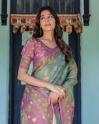 Aqua Green & Lilac Handloom Cotton Saree with Floral Vine Print & Majestic Bird Pallu