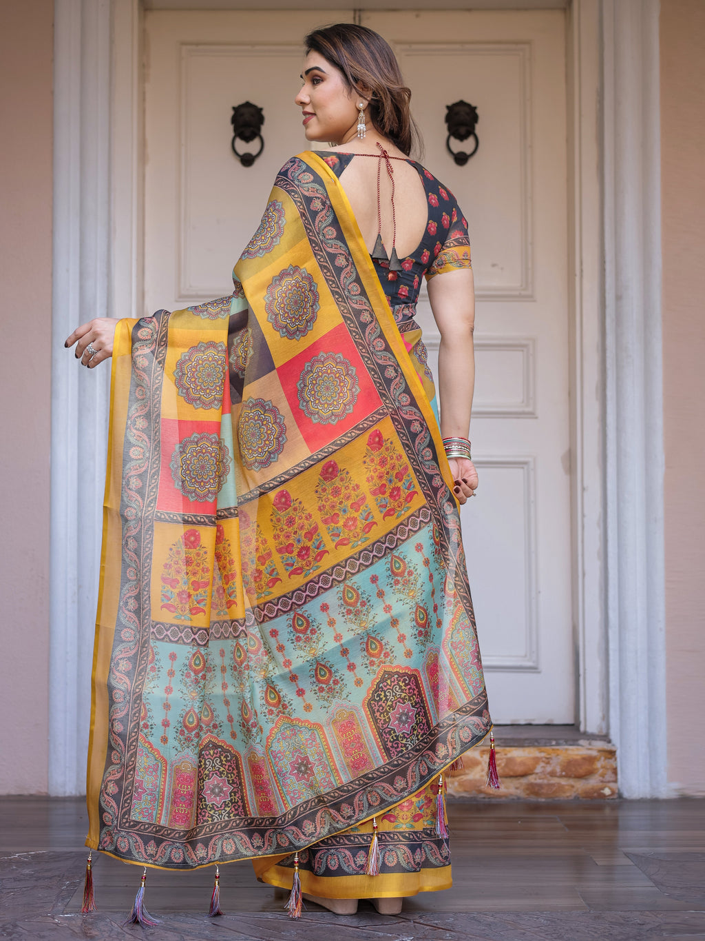 Mustard Yellow Multicolor Panel Printed Handloom Cotton Saree with Mandala Pallu, Ornamental Border & Tassels – Traditional Festive Wear