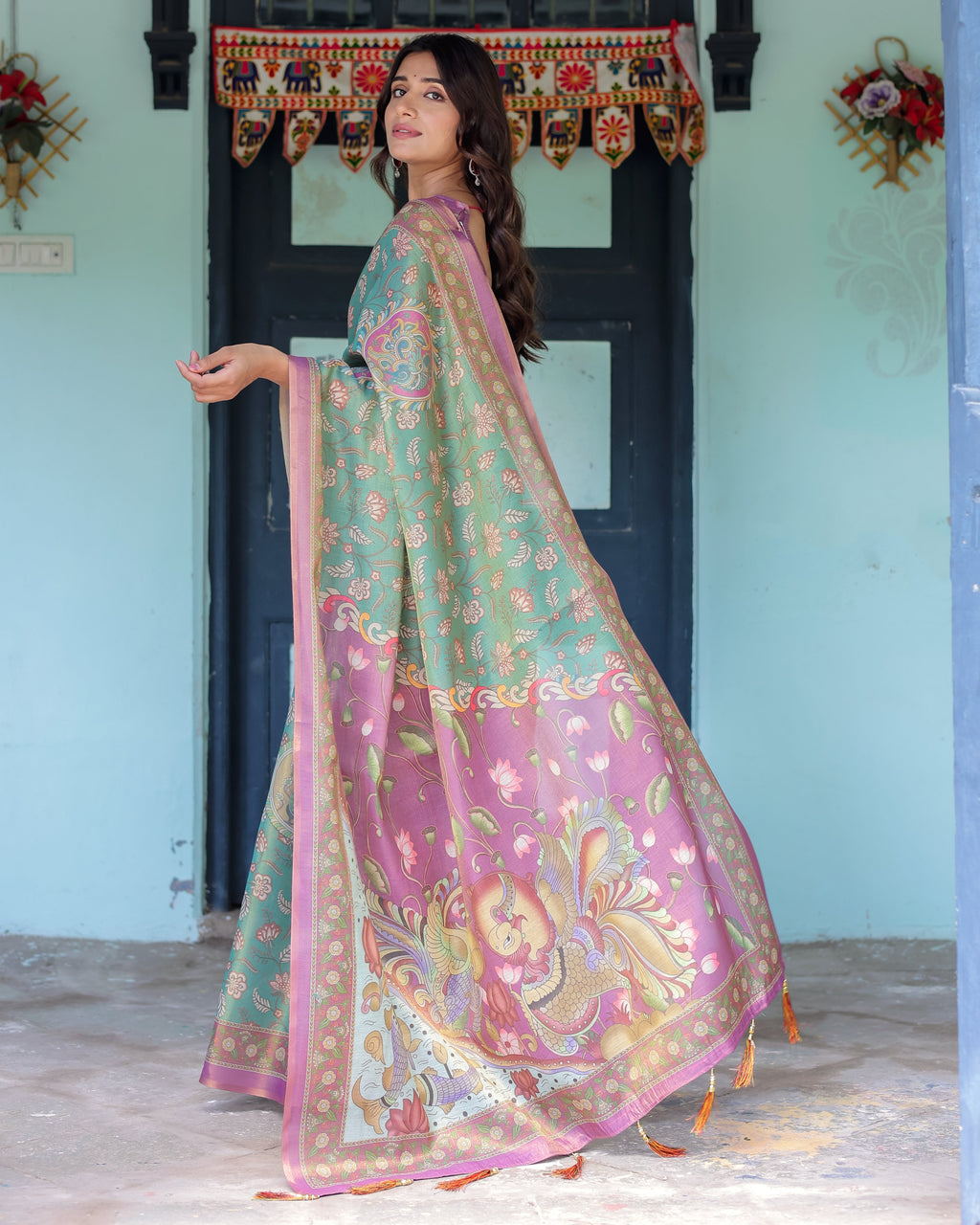 Aqua Green & Lilac Handloom Cotton Saree with Floral Vine Print & Majestic Bird Pallu