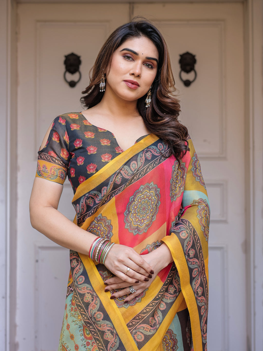 Mustard Yellow Multicolor Panel Printed Handloom Cotton Saree with Mandala Pallu, Ornamental Border & Tassels – Traditional Festive Wear