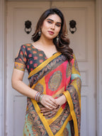Mustard Yellow Multicolor Panel Printed Handloom Cotton Saree with Mandala Pallu, Ornamental Border & Tassels – Traditional Festive Wear
