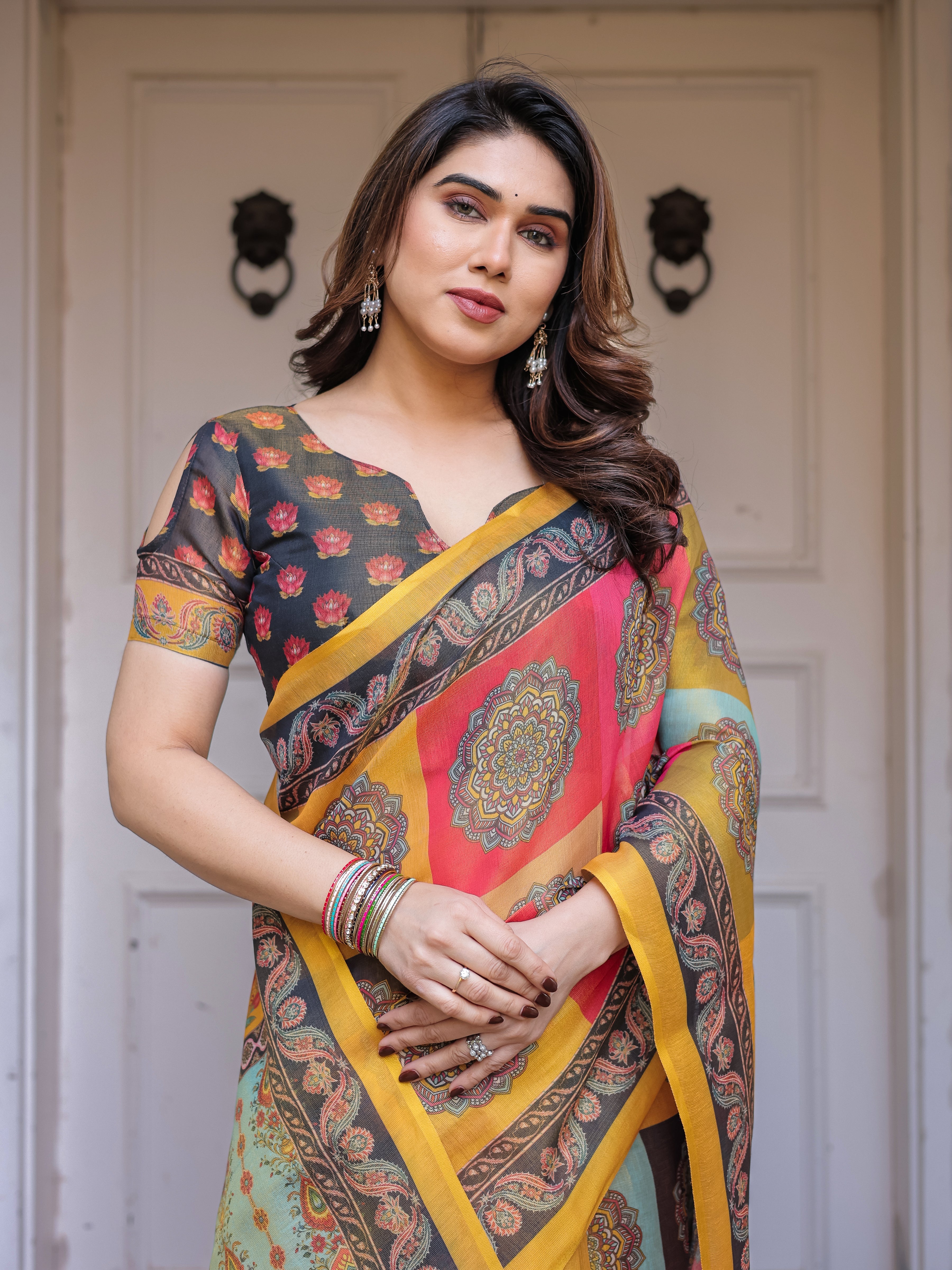 Mustard Yellow Multicolor Panel Printed Handloom Cotton Saree with Mandala Pallu, Ornamental Border & Tassels – Traditional Festive Wear