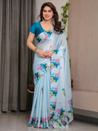 Sky Blue Satin Georgette Lotus & Crane Printed Saree with Attached Blouse – Serene Nature-Inspired Designer Drape