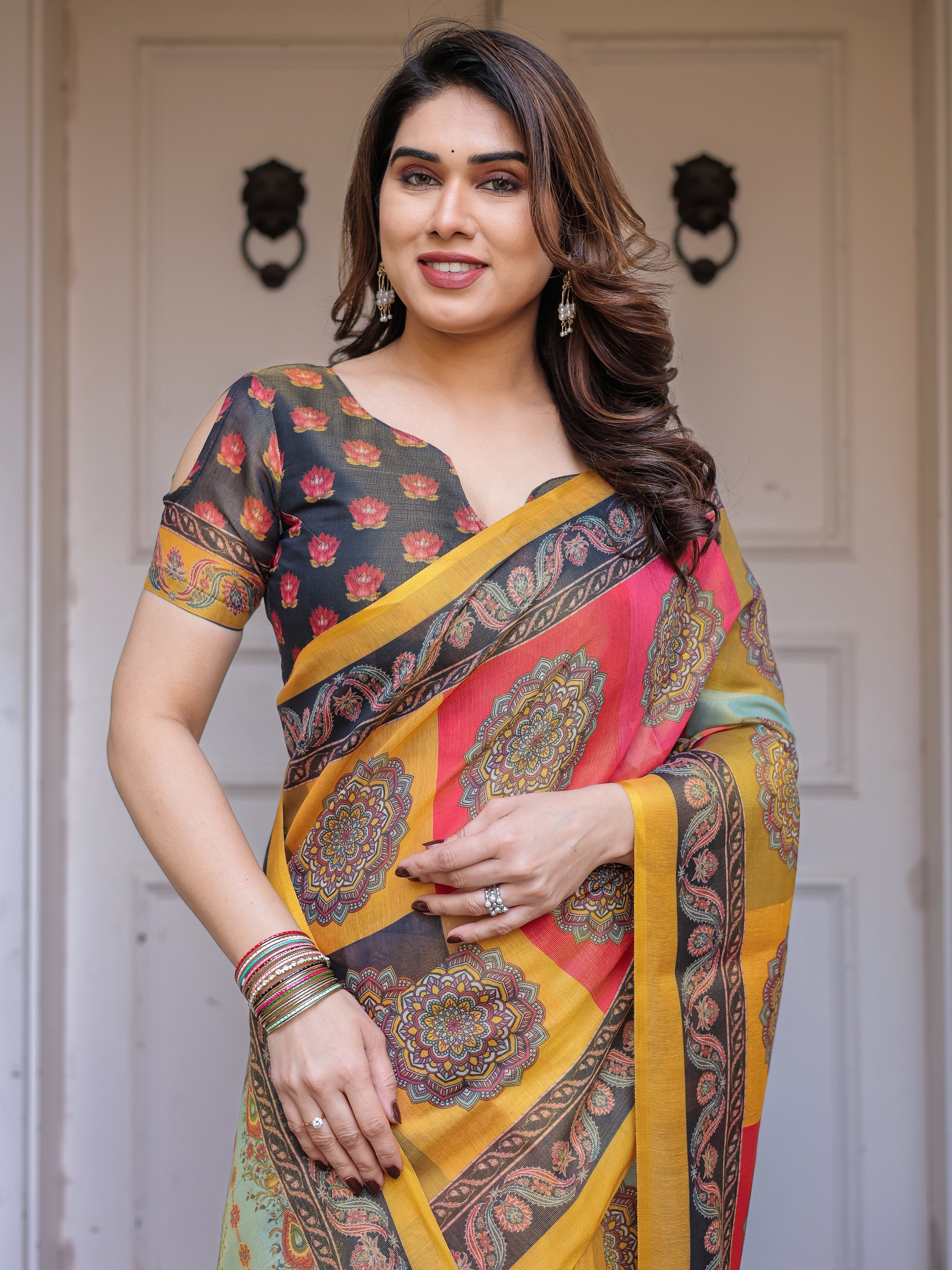 Mustard Yellow Multicolor Panel Printed Handloom Cotton Saree with Mandala Pallu, Ornamental Border & Tassels – Traditional Festive Wear