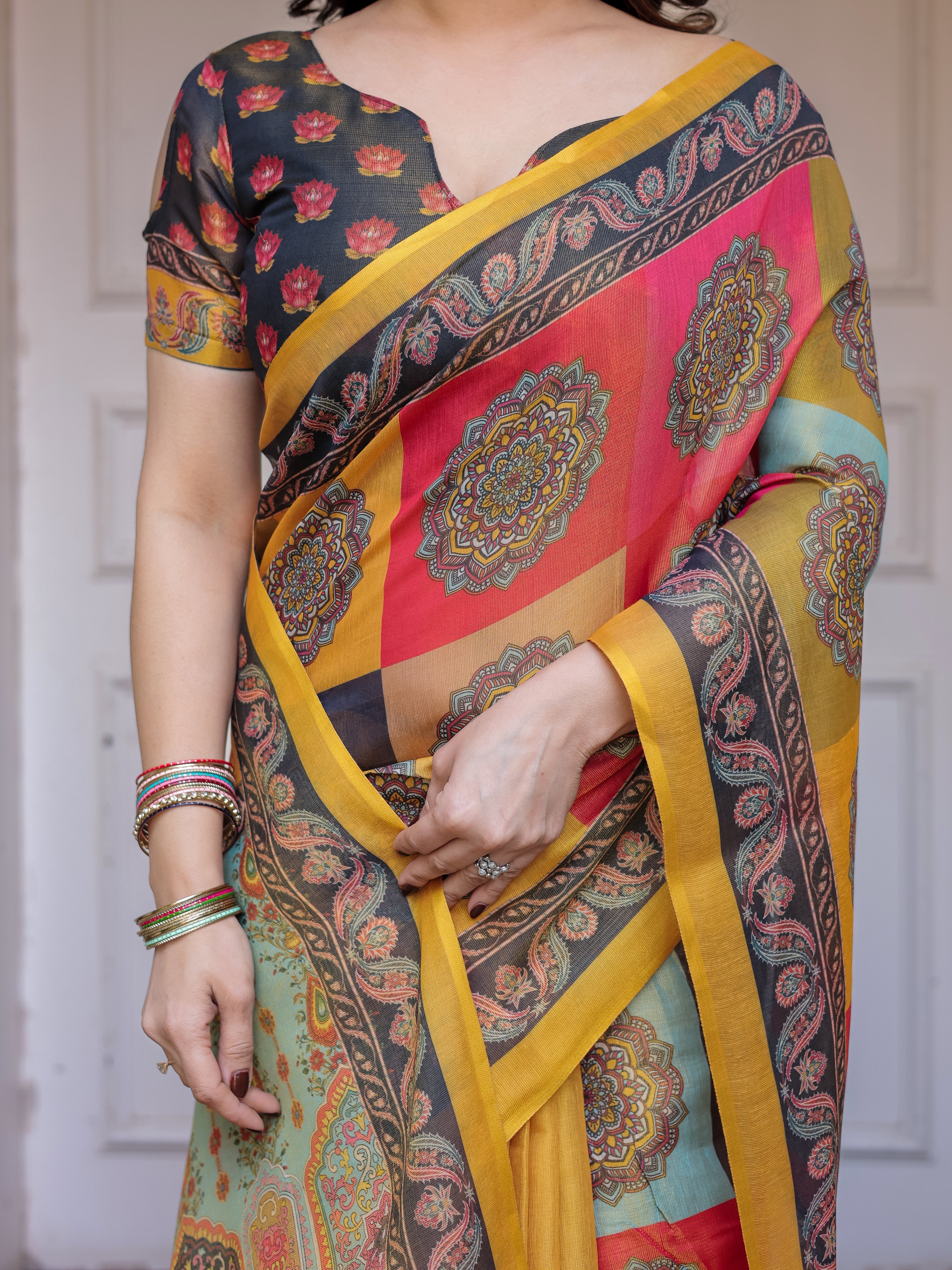 Mustard Yellow Multicolor Panel Printed Handloom Cotton Saree with Mandala Pallu, Ornamental Border & Tassels – Traditional Festive Wear