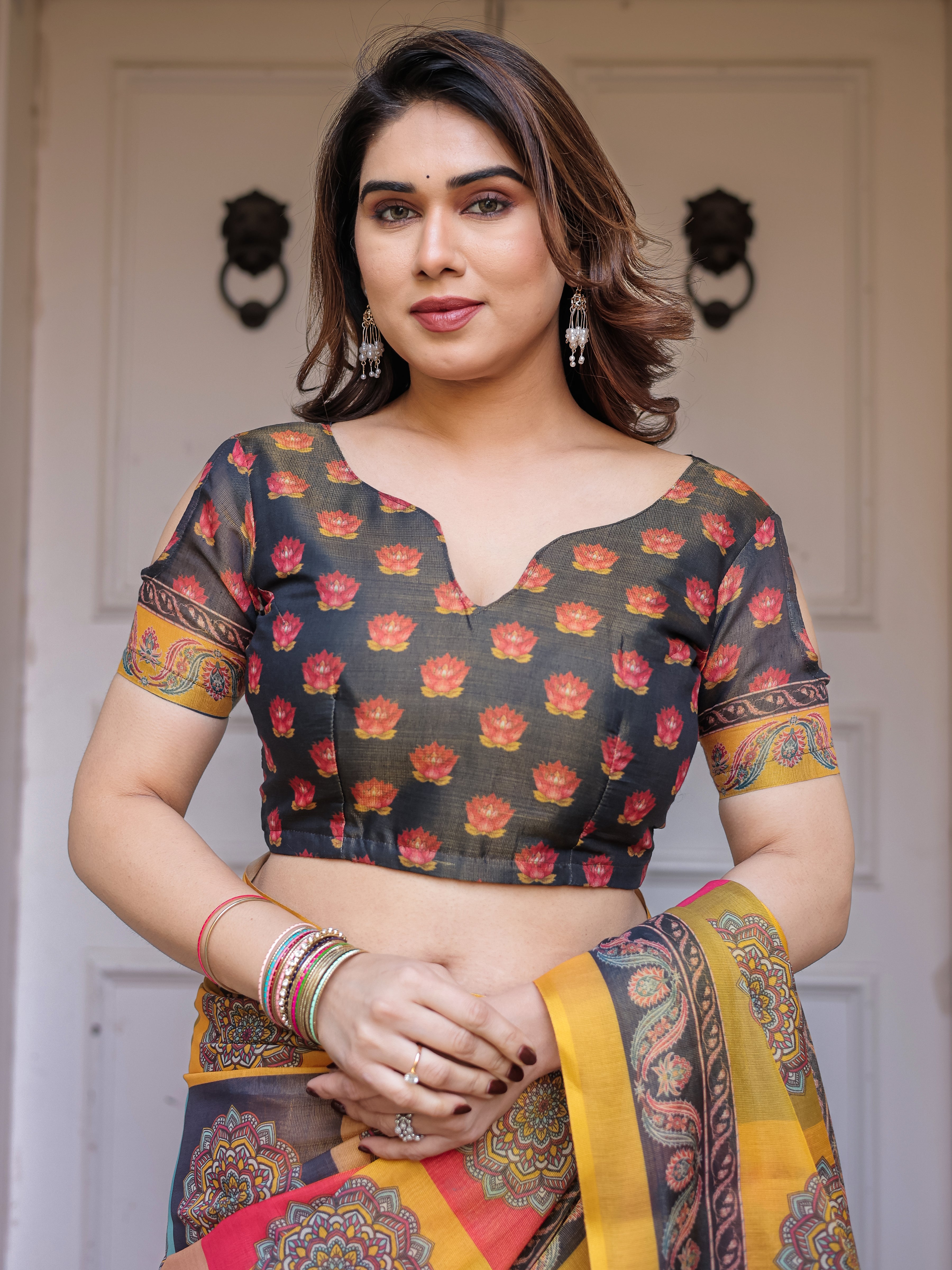 Mustard Yellow Multicolor Panel Printed Handloom Cotton Saree with Mandala Pallu, Ornamental Border & Tassels – Traditional Festive Wear