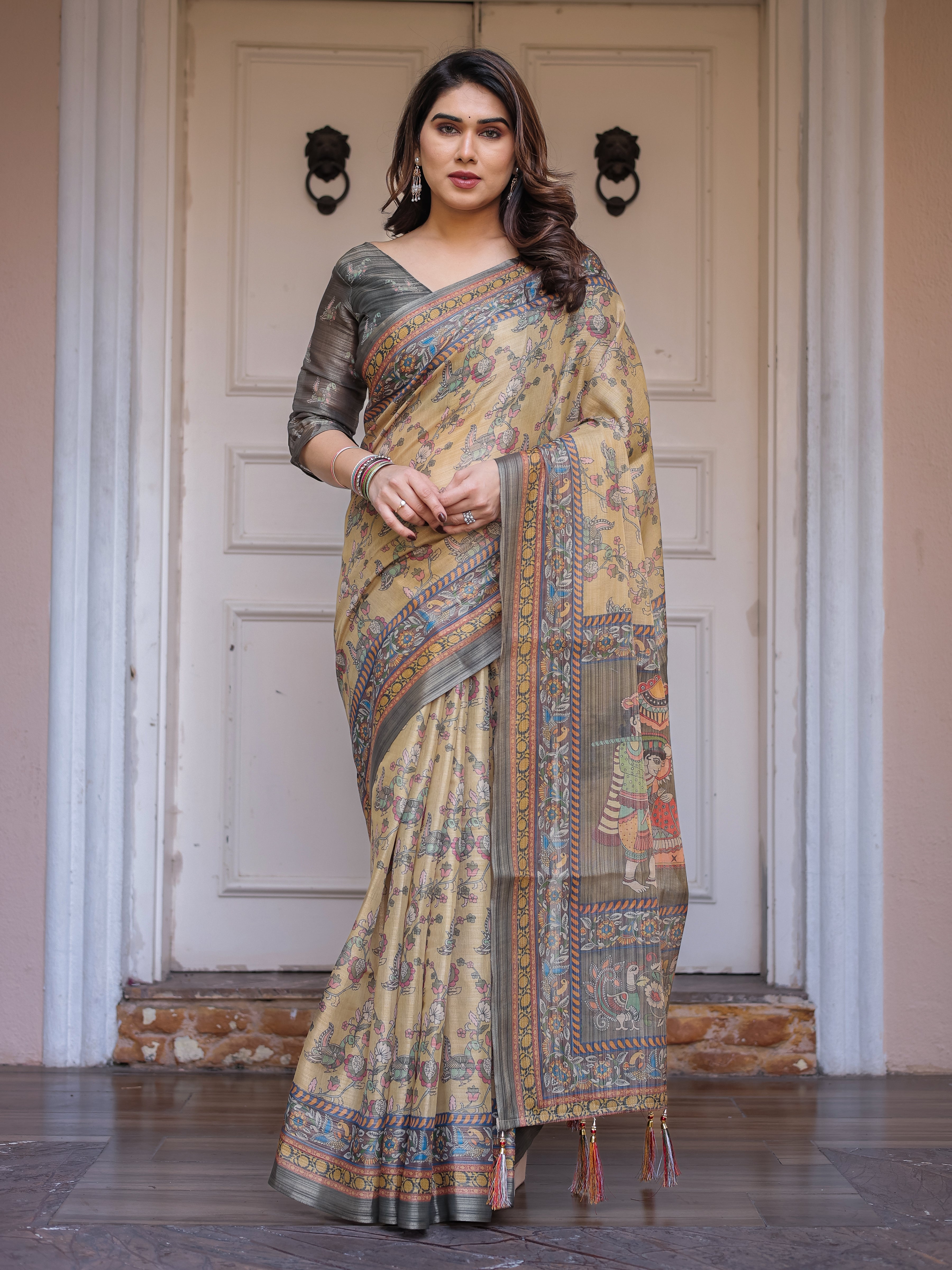 Beige & Olive Green Floral Printed Handloom Cotton Saree with Heritage Panel Pallu, Ornamental Border & Tassels – Elegant Ethnic Wear