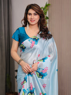 Sky Blue Satin Georgette Lotus & Crane Printed Saree with Attached Blouse – Serene Nature-Inspired Designer Drape