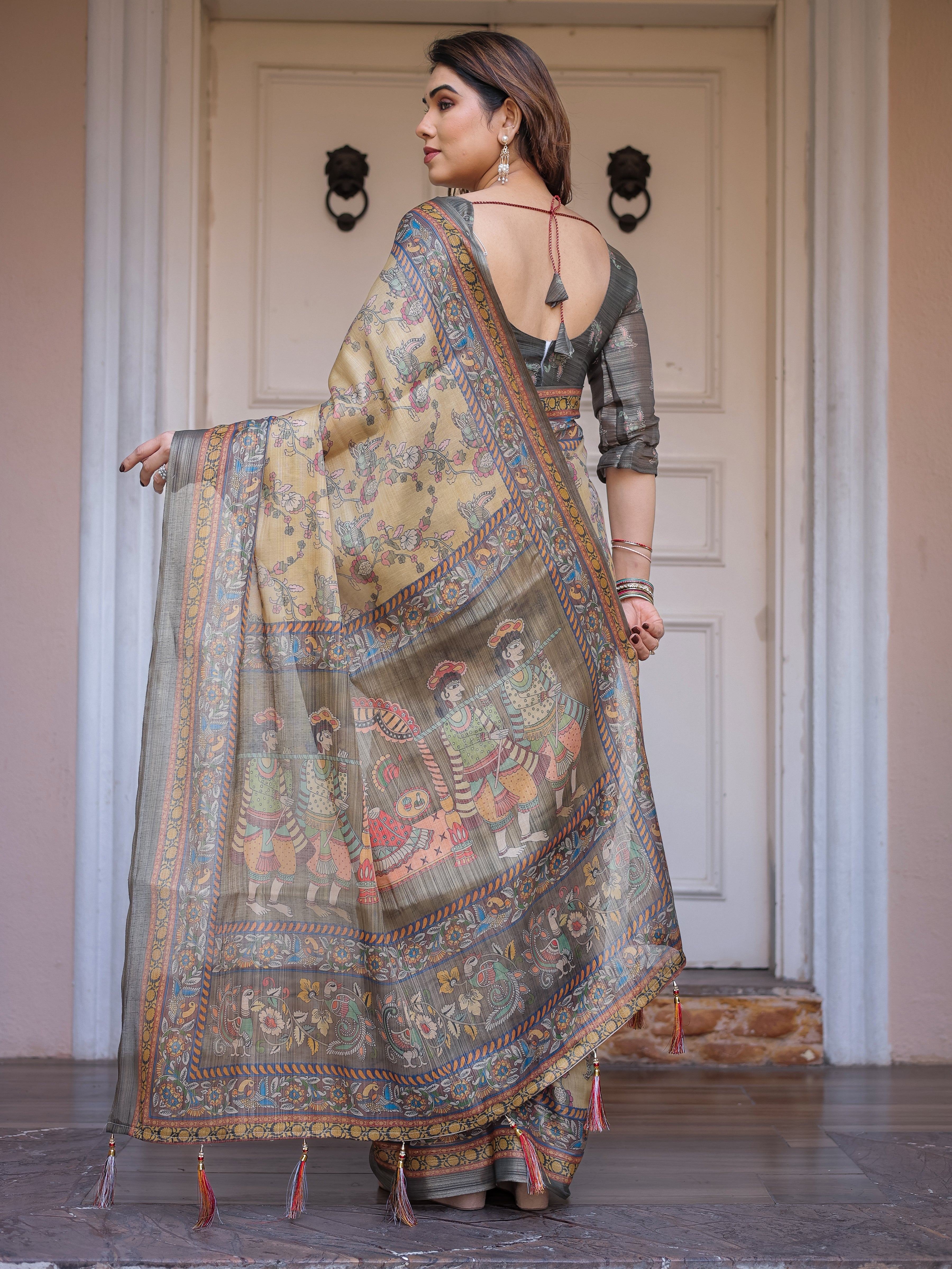 Beige & Olive Green Floral Printed Handloom Cotton Saree with Heritage Panel Pallu, Ornamental Border & Tassels – Elegant Ethnic Wear