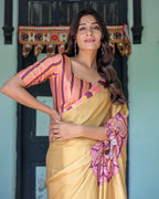 Golden Beige Freehand Designer Saree with Pink Mandala Motif & Striped Blouse | Satin Georgette | Handsfree Pallu