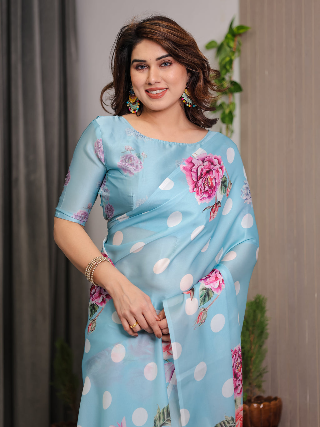 Sky Blue Satin Georgette Polka Dot & Floral Printed Saree with Attached Blouse – Chic Rose Bloom Designer Drape