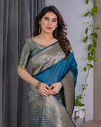 Teal Blue Pure Kanjivaram Silk Saree with Antique Golden Zari Border & Blouse – 5.5m Saree + 0.8m Blouse Piece