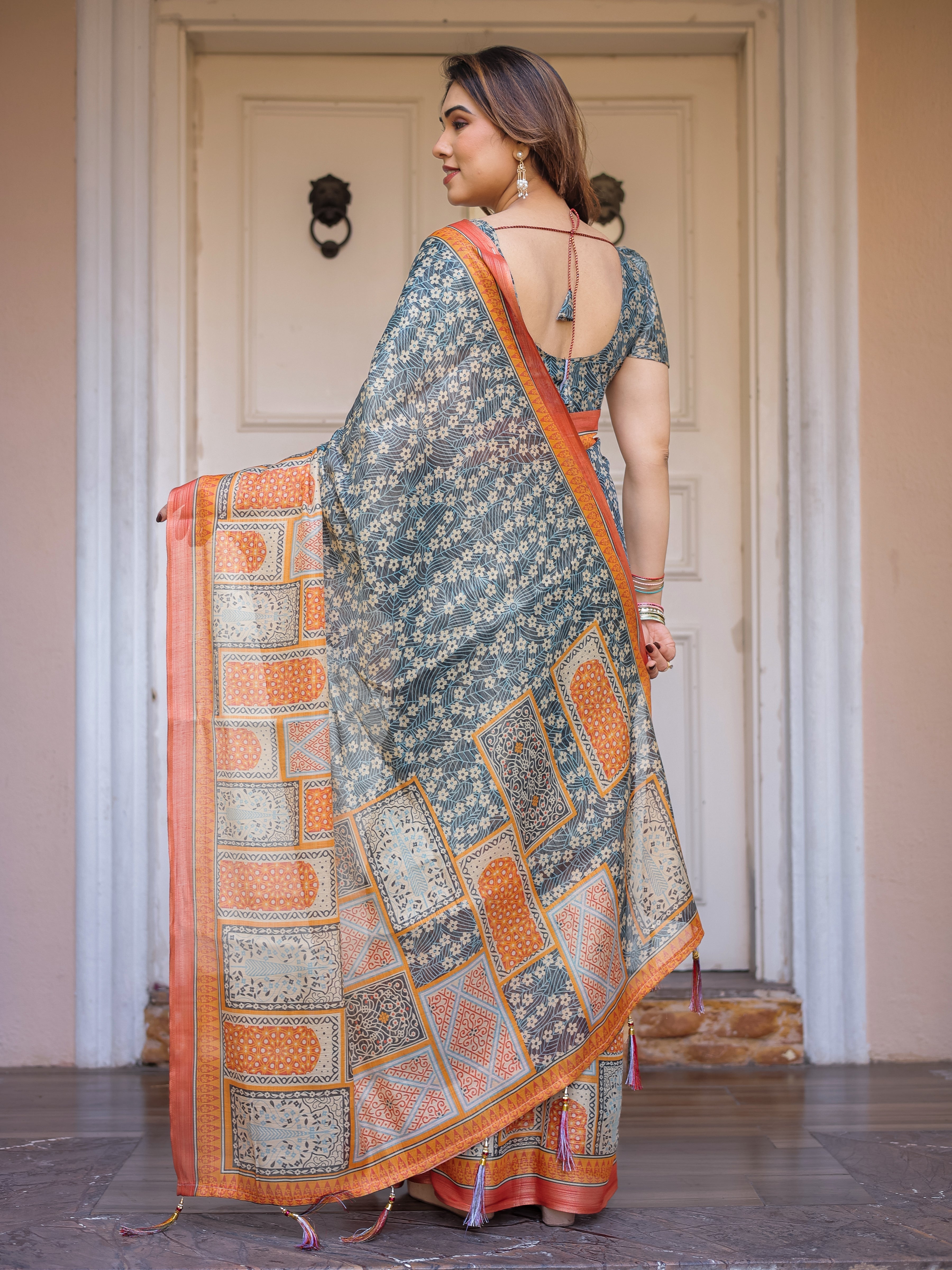 Steel Grey & Rust Orange Heritage Panel Printed Handloom Cotton Saree with Ornamental Border & Tassels – Traditional Ethnic Wear