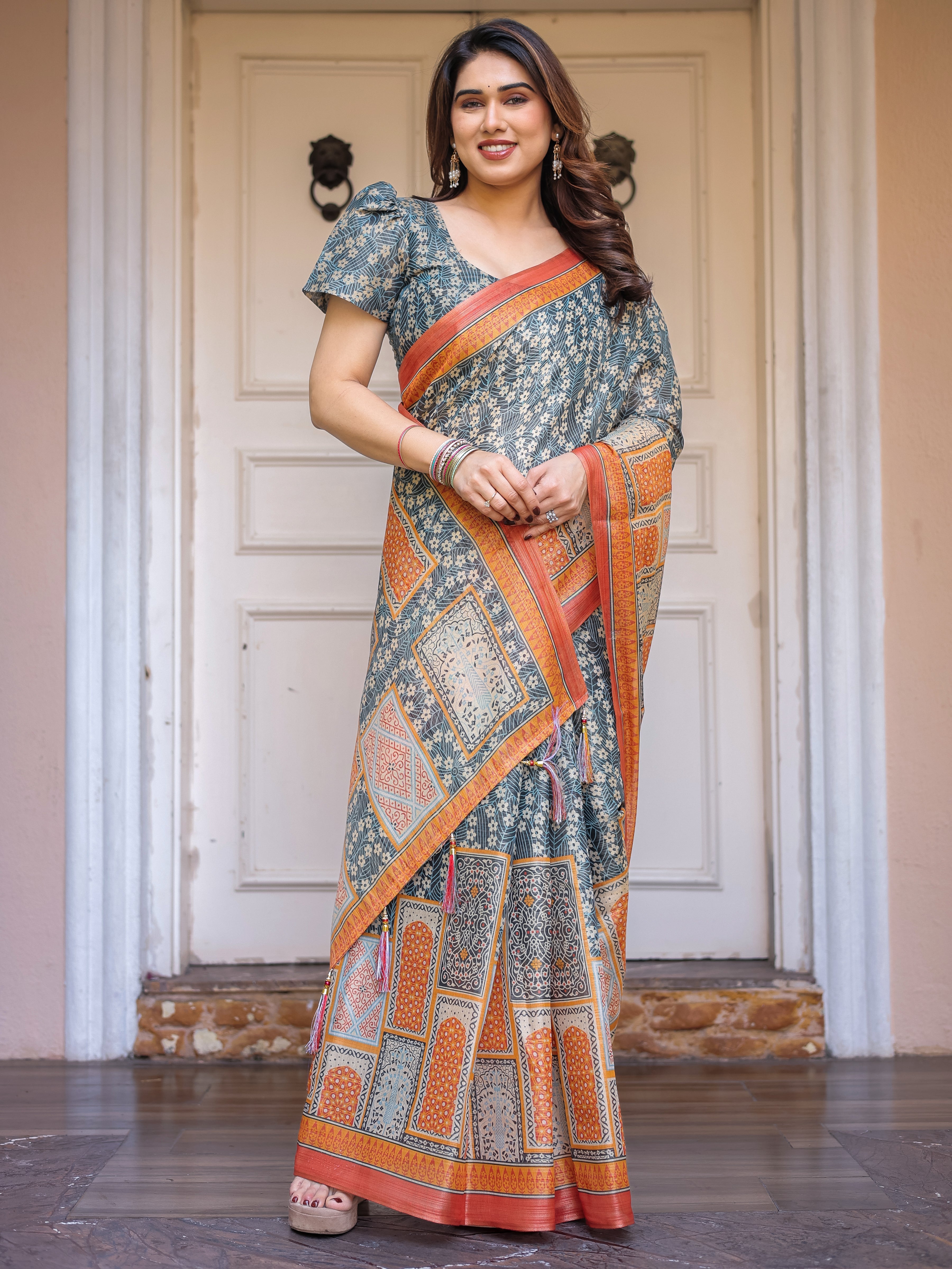 Steel Grey & Rust Orange Heritage Panel Printed Handloom Cotton Saree with Ornamental Border & Tassels – Traditional Ethnic Wear