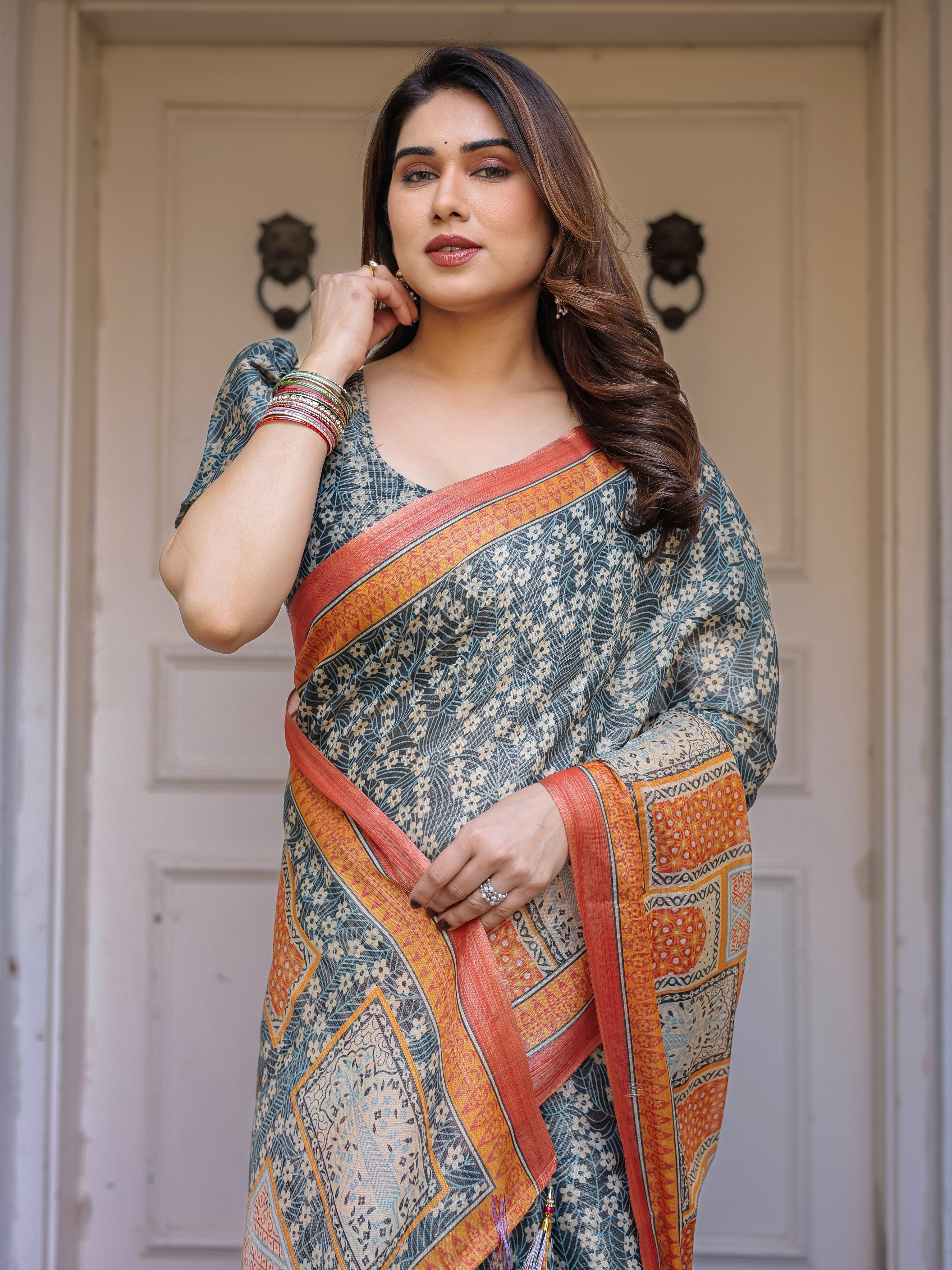 Steel Grey & Rust Orange Heritage Panel Printed Handloom Cotton Saree with Ornamental Border & Tassels – Traditional Ethnic Wear